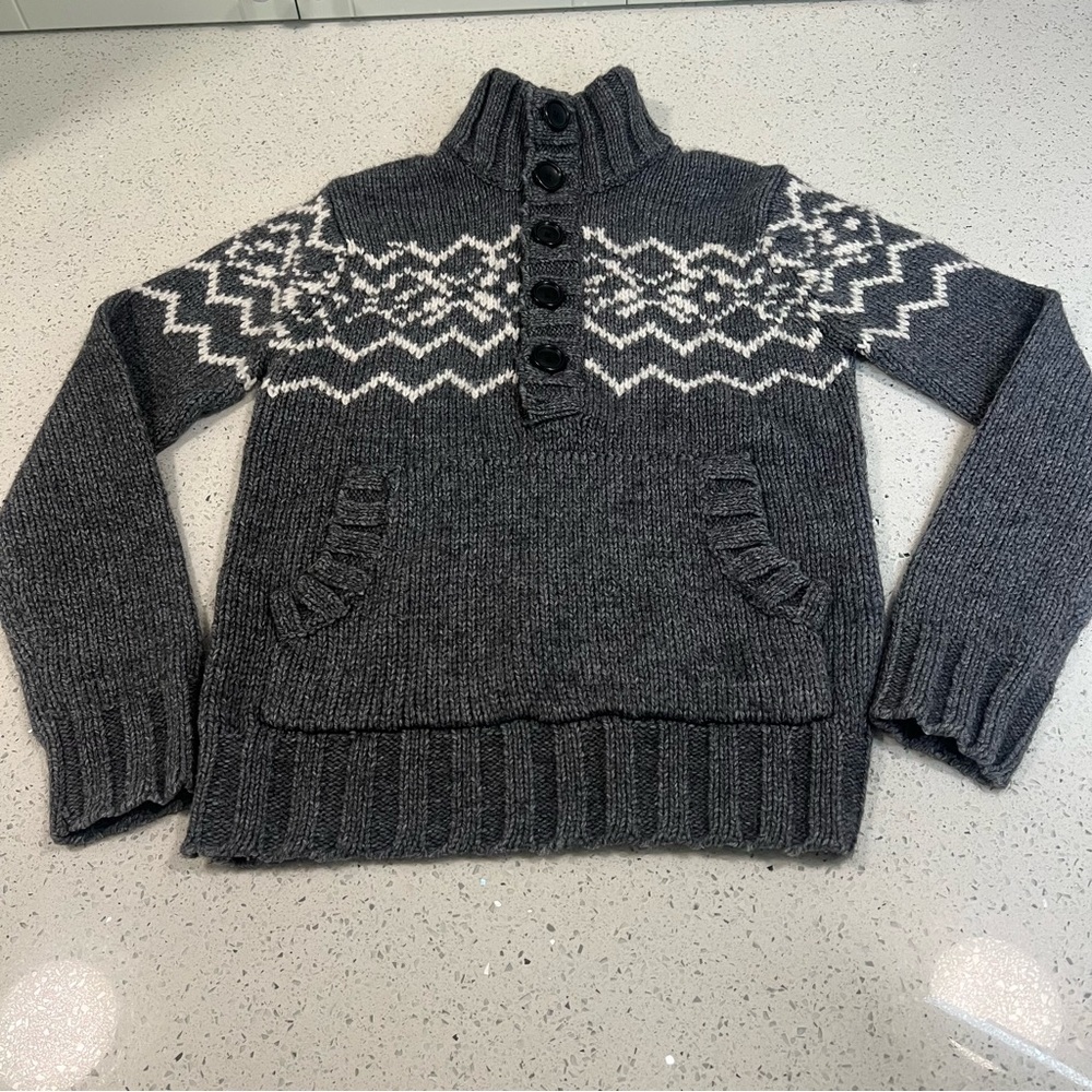 MATINIQUE Gray White Chunky Cable Knit Sweater Button Front Hoodie Pocket L